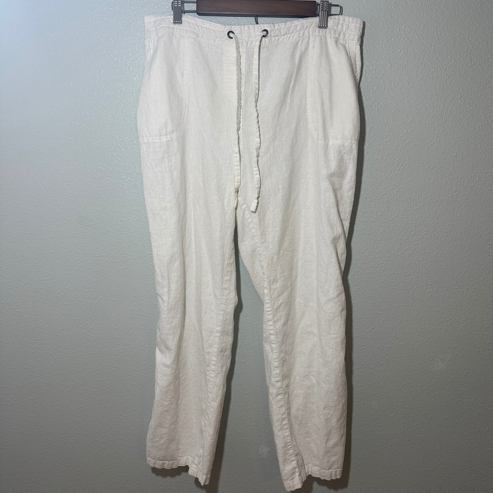 Per Se Women White Linen Viscose Blend Drawstring Straight Leg Pants XL